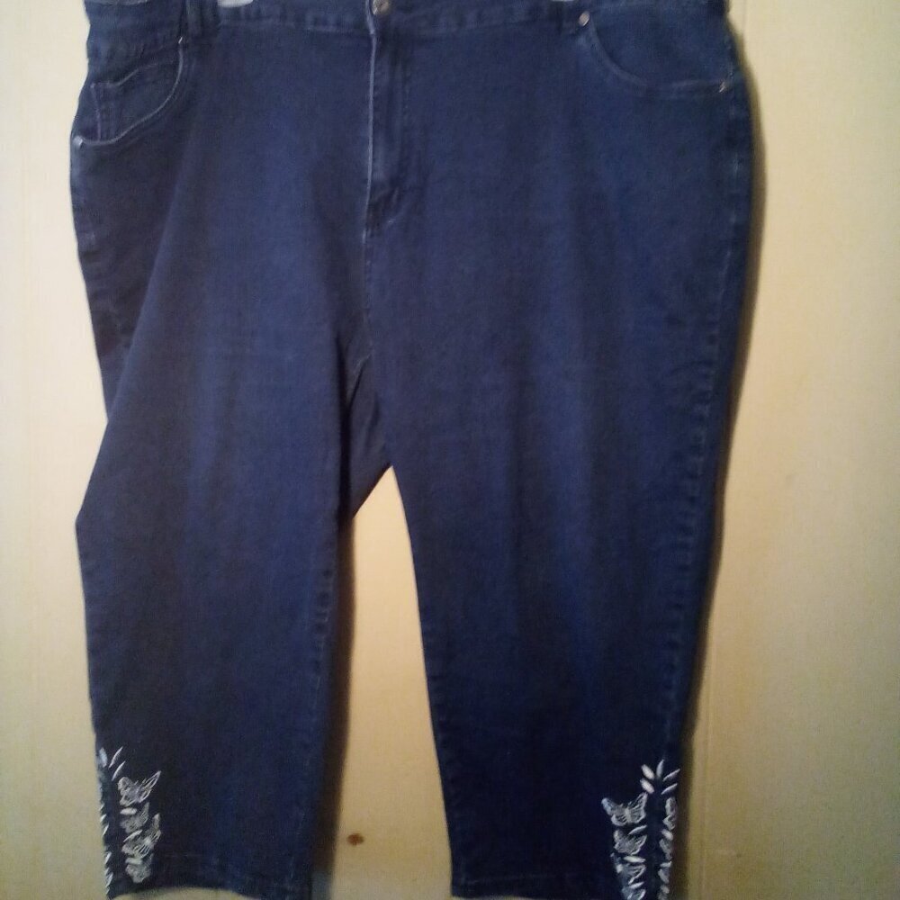 Bloomchic Jeans Women 26 Cropped Butterfly Embroidery Trim Denim Blue
